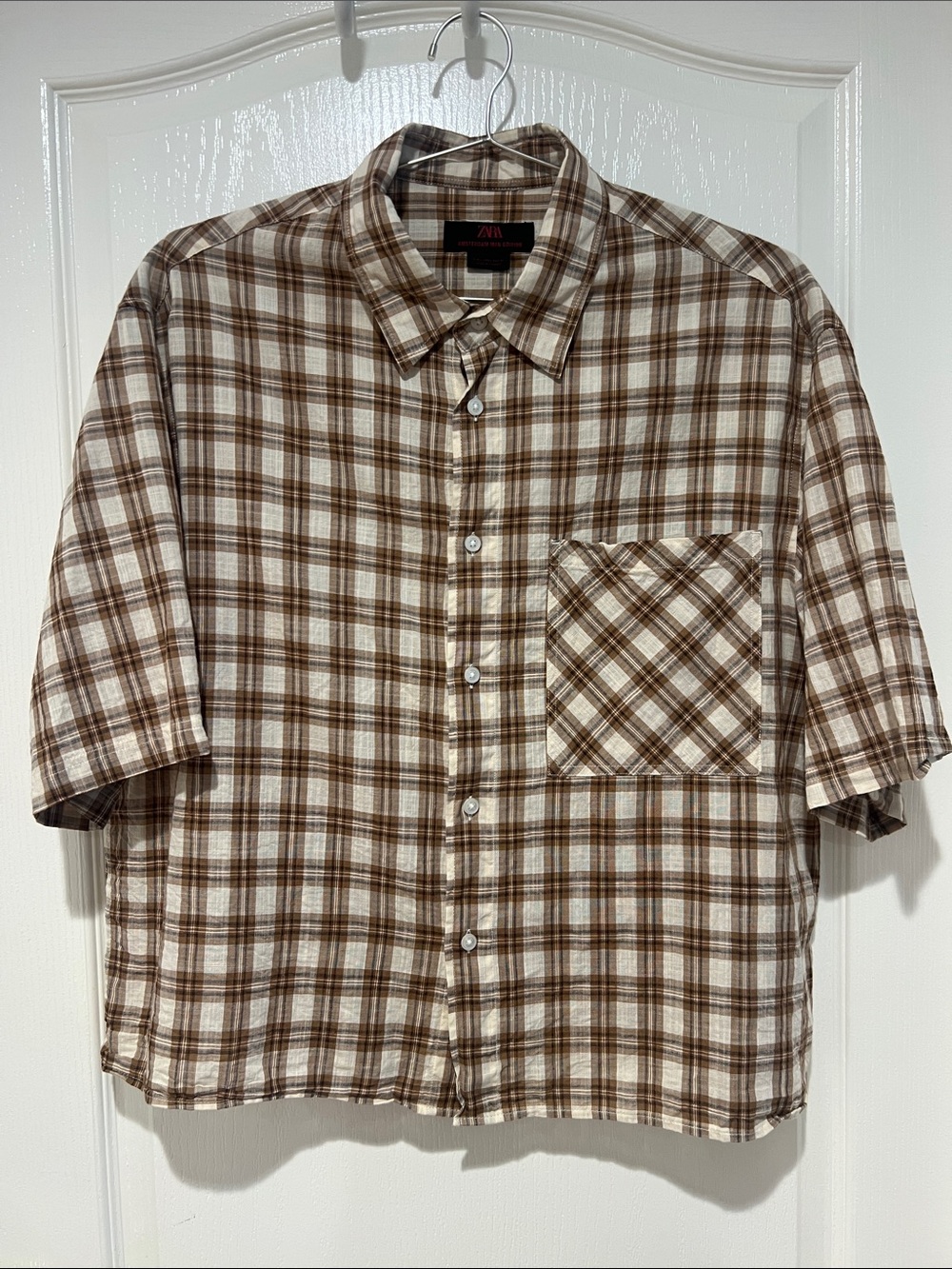 Zara Brown and Cream Plaid Short-Sleeve Cropped Button-Down Shirt